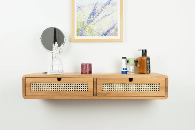 Floating Vanity Table With Two Rattan Drawers in Solid Oak - Minimalist Makeup Space - image 1