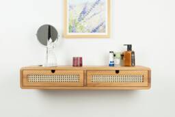 Floating Vanity Table With Two Rattan Drawers in Solid Oak - Minimalist Makeup Space