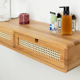 Floating Vanity Table With Two Rattan Drawers in Solid Oak - Minimalist Makeup Space - thumbnail 2
