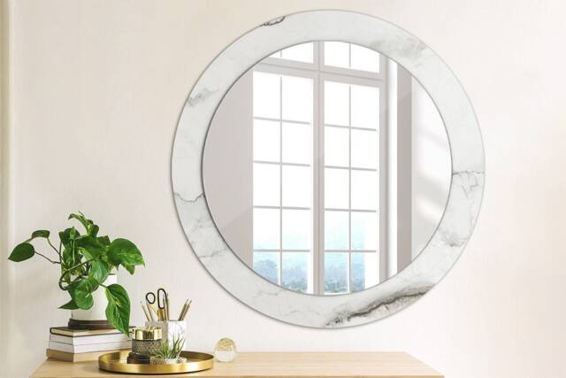White Marble, White, Round Mirror Frame, Colorful, Glass Wall Art, Printed - image 1