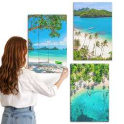 3 Piece Canvas Set - Tropical Beaches With Palm Trees & Crystal Clear Waters, Turquoise Wall Art Print, Landscapes Hanging - thumbnail 3