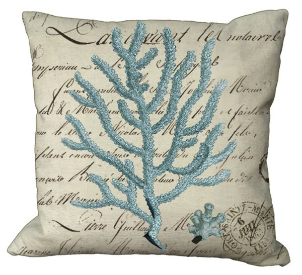 Coral On French Document in Blue, Aqua Or Seamist Natural Cotton 20x20