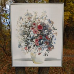 "Hand-Painted Silk Painting - Poppies & Forget-Me-Nots, Floral Batik Art - 35""/42" - thumbnail 3