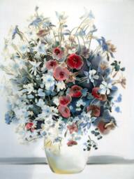 "Hand-Painted Silk Painting - Poppies & Forget-Me-Nots, Floral Batik Art - 35""/42" - thumbnail 1