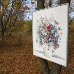 "Hand-Painted Silk Painting - Poppies & Forget-Me-Nots, Floral Batik Art - 35""/42" - thumbnail 2