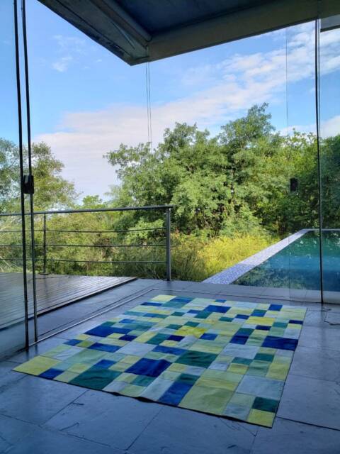 Cowhide Patchwork Rug. Dyed. Blue Green Yellow. Unique 4.6 Ft X 6 Boys Bedroom Peau De Vache. Piel Vaca A241 - image 1