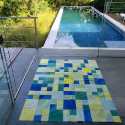 Cowhide Patchwork Rug. Dyed. Blue Green Yellow. Unique 4.6 Ft X 6 Boys Bedroom Peau De Vache. Piel Vaca A241 - thumbnail 4