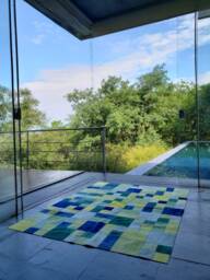 Cowhide Patchwork Rug. Dyed. Blue Green Yellow. Unique 4.6 Ft X 6 Boys Bedroom Peau De Vache. Piel Vaca A241 - thumbnail 1