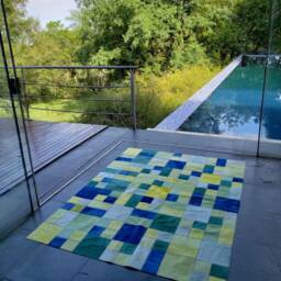 Cowhide Patchwork Rug. Dyed. Blue Green Yellow. Unique 4.6 Ft X 6 Boys Bedroom Peau De Vache. Piel Vaca A241 - thumbnail 2