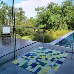 Cowhide Patchwork Rug. Dyed. Blue Green Yellow. Unique 4.6 Ft X 6 Boys Bedroom Peau De Vache. Piel Vaca A241 - thumbnail 3