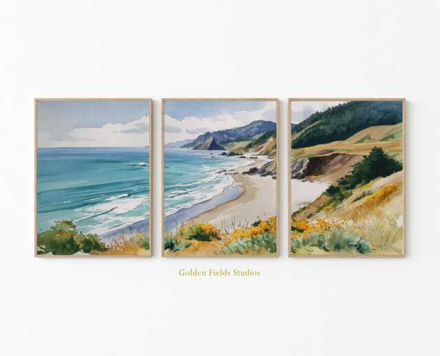 Coastal Beach Poster Set Of 3, Ocean Coastline Wall Art, Watercolor Seascape Prints, Landscape Artwork, House Decor - image 1