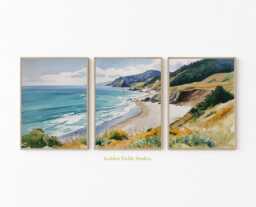 Coastal Beach Poster Set Of 3, Ocean Coastline Wall Art, Watercolor Seascape Prints, Landscape Artwork, House Decor - thumbnail 1