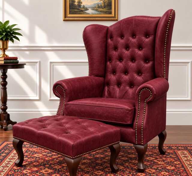 Chesterfield High Back Wing Chair & Stool - Presented in Genuine Vintage Red Leather The Kensington - image 1