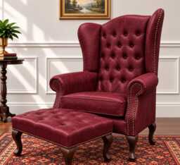 Chesterfield High Back Wing Chair & Stool - Presented in Genuine Vintage Red Leather The Kensington