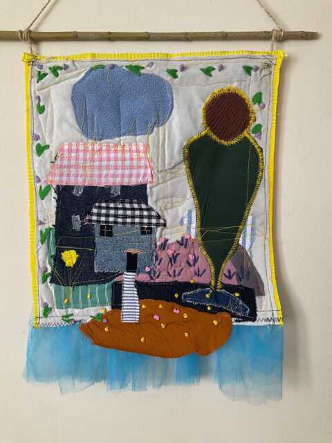 Textile Wall Art 30x40 cm - Whimsical House Fabric Collage, Mixed Media Embroidery Decor - image 1