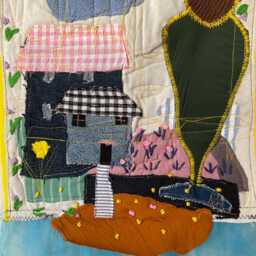 Textile Wall Art 30x40 cm - Whimsical House Fabric Collage, Mixed Media Embroidery Decor - thumbnail 2
