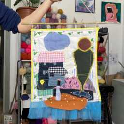 Textile Wall Art 30x40 cm - Whimsical House Fabric Collage, Mixed Media Embroidery Decor - thumbnail 3
