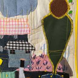 Textile Wall Art 30x40 cm - Whimsical House Fabric Collage, Mixed Media Embroidery Decor - thumbnail 4
