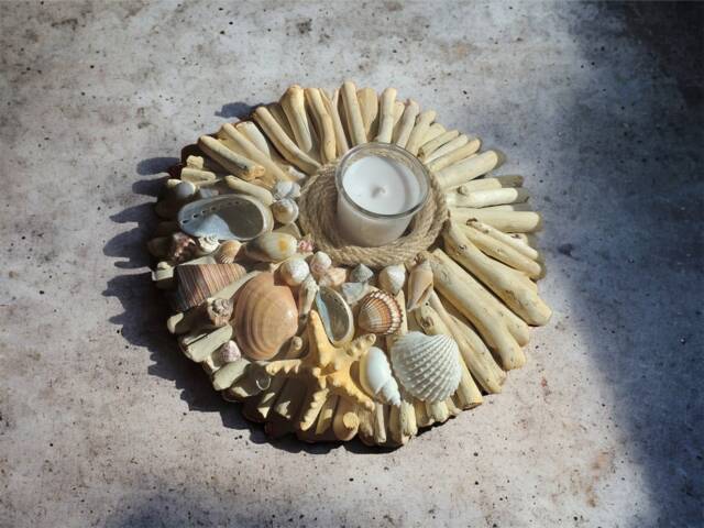 Driftwood Candleholder With Shells & Starfish, Coastal Organic Decoration - image 1