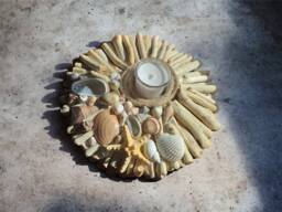 Driftwood Candleholder With Shells & Starfish, Coastal Organic Decoration
