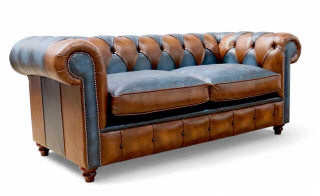 Patchwork Living Room Lounge Sofa 3 Seater Super Comfy Chesterfield Real Leather Tan & Blue - image 1