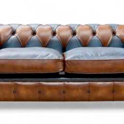 Patchwork Living Room Lounge Sofa 3 Seater Super Comfy Chesterfield Real Leather Tan & Blue - thumbnail 3