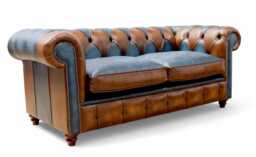 Patchwork Living Room Lounge Sofa 3 Seater Super Comfy Chesterfield Real Leather Tan & Blue - thumbnail 1
