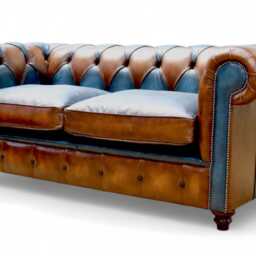 Patchwork Living Room Lounge Sofa 3 Seater Super Comfy Chesterfield Real Leather Tan & Blue - thumbnail 2