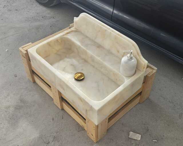 Calacatta Gold Marble Sink, Wall Mount Rectangle Vanity Powder Room Mounted Bathroom Sink - image 1
