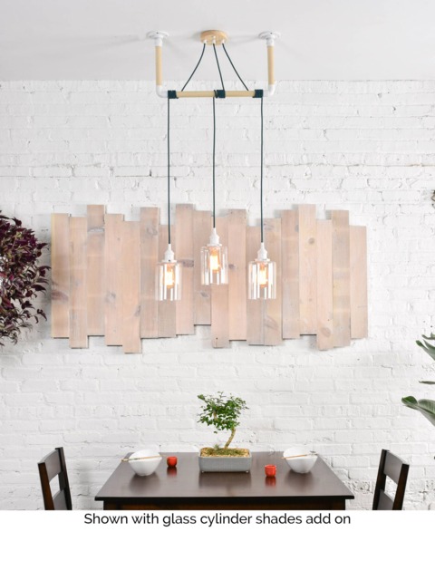 Wood & Glass Shade Light Wrap 3 Pendant Fixture Custom Brass, White, Black Or Copper Bracket Wrapped Ceiling - image 1
