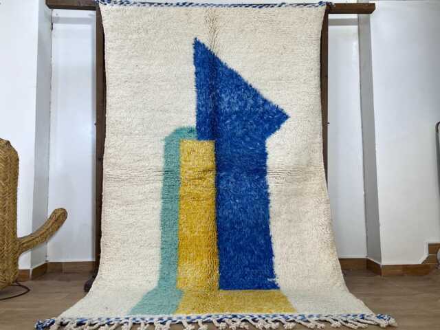 Handmade Moroccan Wool Rug - White Berber Carpet With Aqua Blue & Yellow Accents Custom Beni Ourain Boho Living Room Decor - image 1