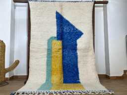 Handmade Moroccan Wool Rug - White Berber Carpet With Aqua Blue & Yellow Accents Custom Beni Ourain Boho Living Room Decor - thumbnail 1