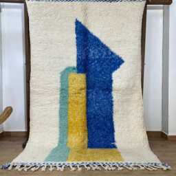 Handmade Moroccan Wool Rug - White Berber Carpet With Aqua Blue & Yellow Accents Custom Beni Ourain Boho Living Room Decor - thumbnail 4