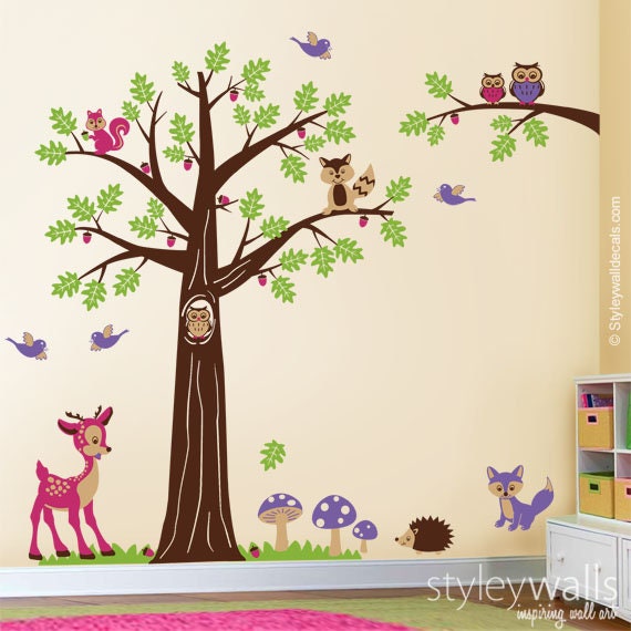Woodland Tree Animals Wall Decal, Nursery Decal Forest Bambi Deer Owls Squirrels Raccoon Baby Kids Room Art Decor - image 1