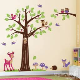 Woodland Tree Animals Wall Decal, Nursery Decal Forest Bambi Deer Owls Squirrels Raccoon Baby Kids Room Art Decor - thumbnail 1