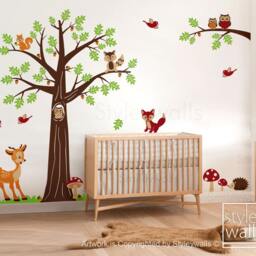 Woodland Tree Animals Wall Decal, Nursery Decal Forest Bambi Deer Owls Squirrels Raccoon Baby Kids Room Art Decor - thumbnail 2