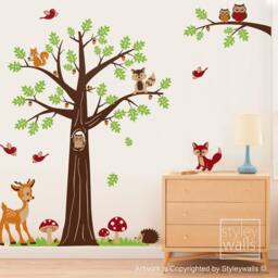 Woodland Tree Animals Wall Decal, Nursery Decal Forest Bambi Deer Owls Squirrels Raccoon Baby Kids Room Art Decor - thumbnail 3