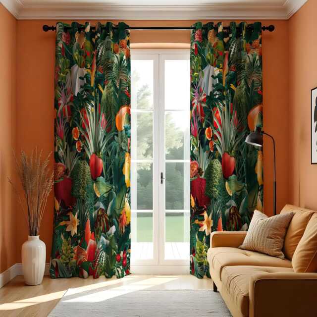 Exotic Tropical Curtains, Colorful Jungle Leaf & Flower Print Drapes, Custom Size Window Treatment Panels For Lively Home Style - image 1