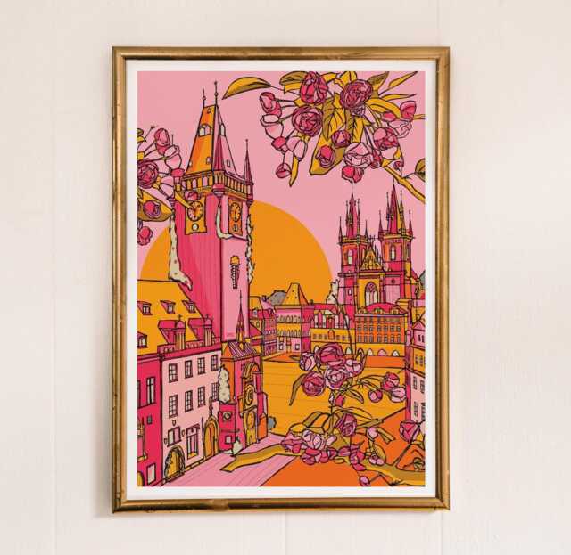 Prague Art Print Pink & Yellow Cityscape, Europe Travel Decor - image 1