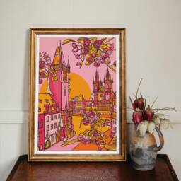 Prague Art Print Pink & Yellow Cityscape, Europe Travel Decor - thumbnail 3