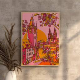 Prague Art Print Pink & Yellow Cityscape, Europe Travel Decor - thumbnail 2