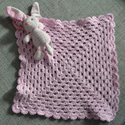 Hand Crocheted Baby Comfort Blanket With Soft Toy in Pink Girl Gift - thumbnail 2