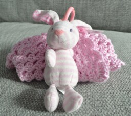 Hand Crocheted Baby Comfort Blanket With Soft Toy in Pink Girl Gift - thumbnail 1