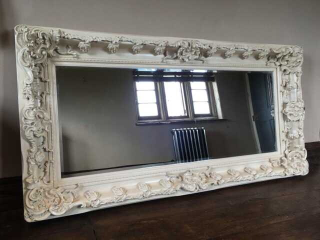 Chunky Wood Large Heavy Antique White Ivory Cream Leaf Statement French Ornate Over Mantle Beveled Wall Mirror 5 Ft X 4 - image 1