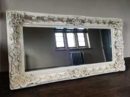 Chunky Wood Large Heavy Antique White Ivory Cream Leaf Statement French Ornate Over Mantle Beveled Wall Mirror 5 Ft X 4 - thumbnail 1