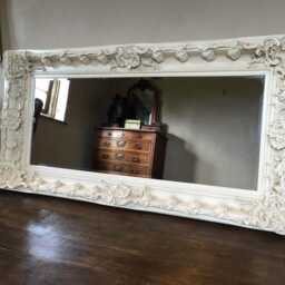 Chunky Wood Large Heavy Antique White Ivory Cream Leaf Statement French Ornate Over Mantle Beveled Wall Mirror 5 Ft X 4 - thumbnail 2