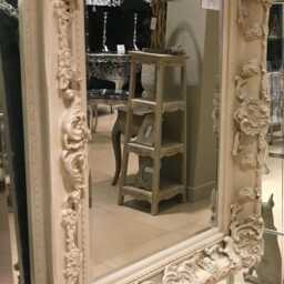 Chunky Wood Large Heavy Antique White Ivory Cream Leaf Statement French Ornate Over Mantle Beveled Wall Mirror 5 Ft X 4 - thumbnail 4