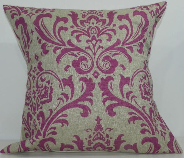 New 18x18 Inch Designer Handmade Pillow Case in Fuschia & Taupe Damask