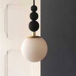 Opaline Glass Pendant Light - Handcrafted Designer Fixture in Golden Brass & Burnt Wood - thumbnail 2