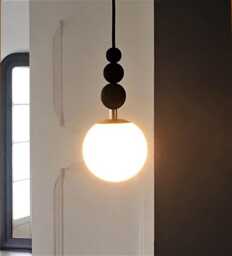 Opaline Glass Pendant Light - Handcrafted Designer Fixture in Golden Brass & Burnt Wood - thumbnail 1